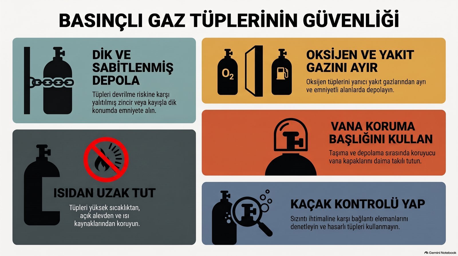 Basınçlı gaz tüplerinin güvenliği: dik ve sabitlenmiş depola, oksijen ve yakıt gazını ayır, ısıdan uzak tut, vana koruma başlığı, kaçak kontrolü