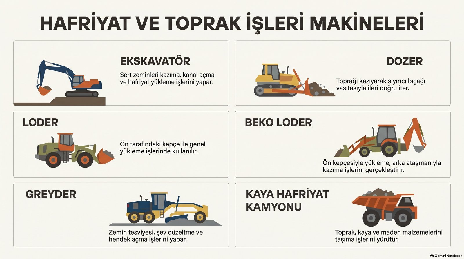 Hafriyat ve toprak işleri makineleri: ekskavatör, dozer, loder, beko loder, greyder, kaya hafriyat kamyonu
