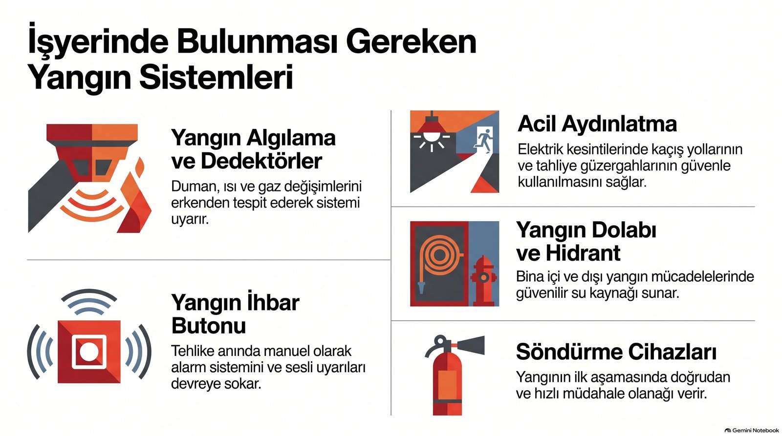 İşyerinde bulunması gereken yangın sistemleri: algılama ve dedektörler, ihbar butonu, acil aydınlatma, yangın dolabı ve hidrant, söndürme cihazları