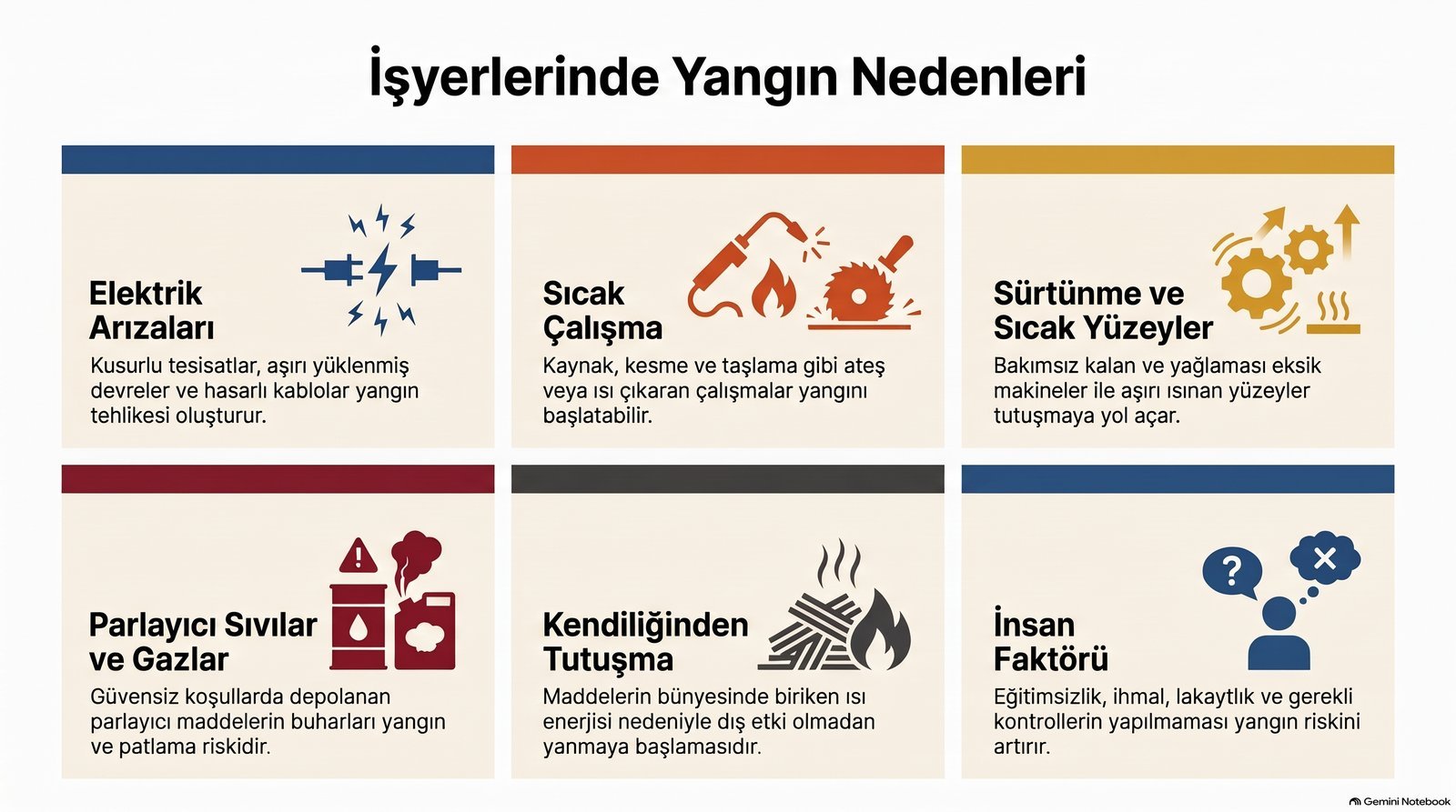 İşyerlerinde yangın nedenleri: elektrik arızaları, sıcak çalışma, sürtünme, parlayıcı maddeler, kendiliğinden tutuşma, insan faktörü