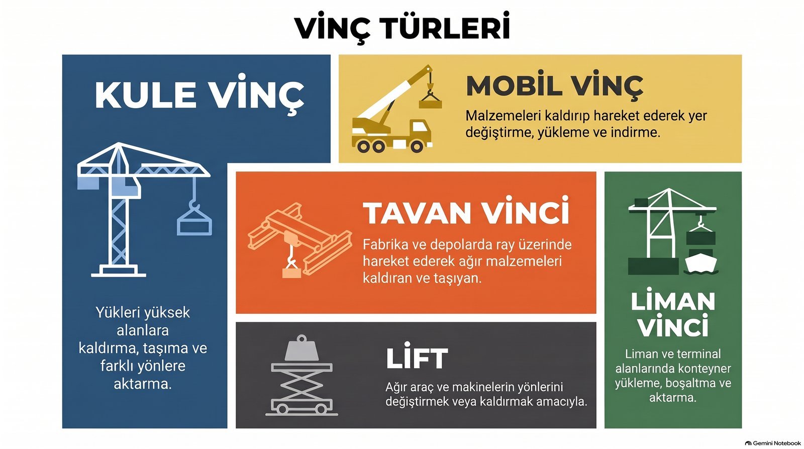Vinç türleri: kule vinç, mobil vinç, tavan vinci, liman vinci ve lift