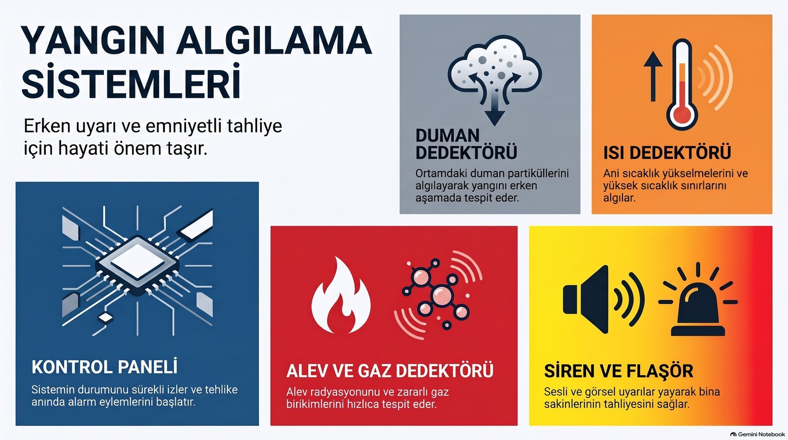 Yangın algılama sistemleri: kontrol paneli, duman dedektörü, ısı dedektörü, alev ve gaz dedektörü, siren ve flaşör