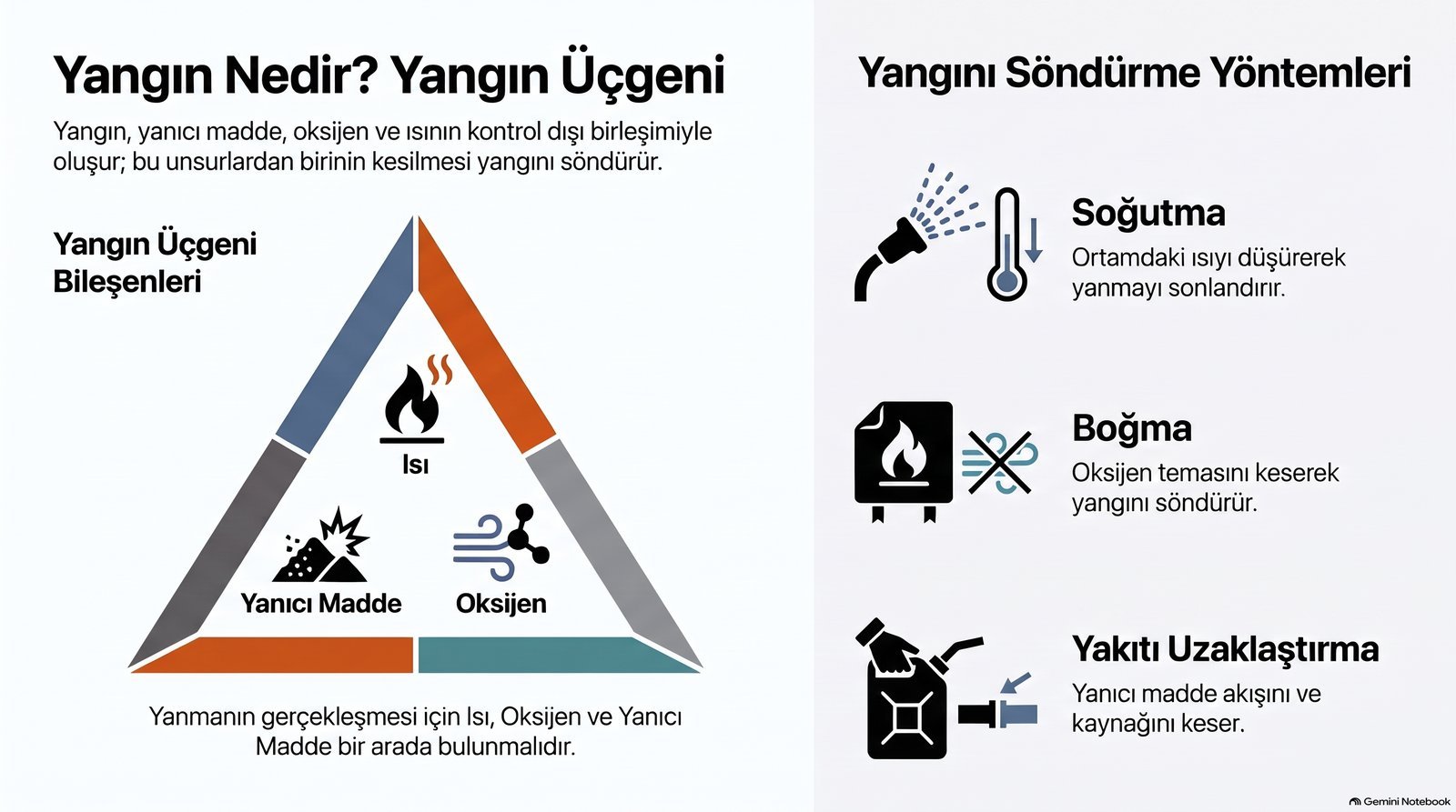 Yangın üçgeni: ısı, yanıcı madde ve oksijen; söndürme yöntemleri soğutma, boğma ve yakıtı uzaklaştırma