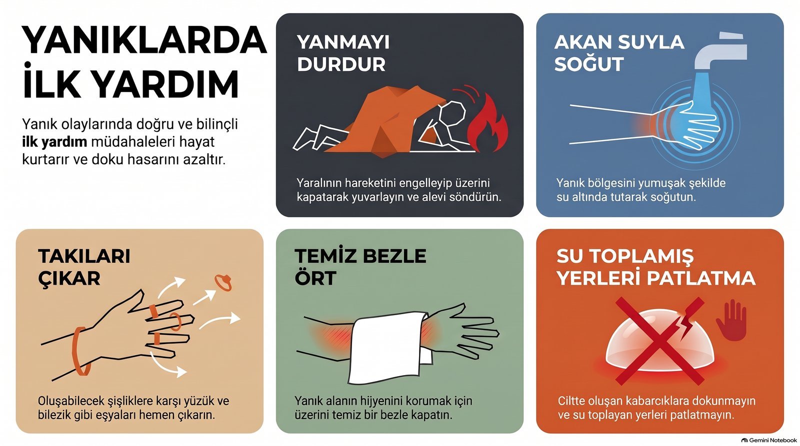 Yanıklarda ilk yardım: yanmayı durdur, akan suyla soğut, takıları çıkar, temiz bezle ört, su toplamış yerleri patlatma