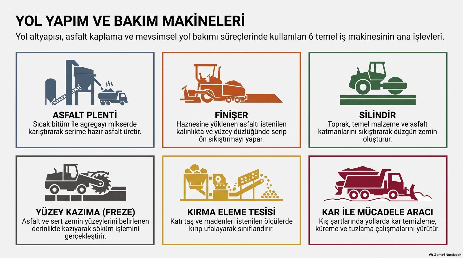 Yol yapım ve bakım makineleri: asfalt plenti, finişer, silindir, yüzey kazıma freze, kırma eleme tesisi, kar ile mücadele aracı